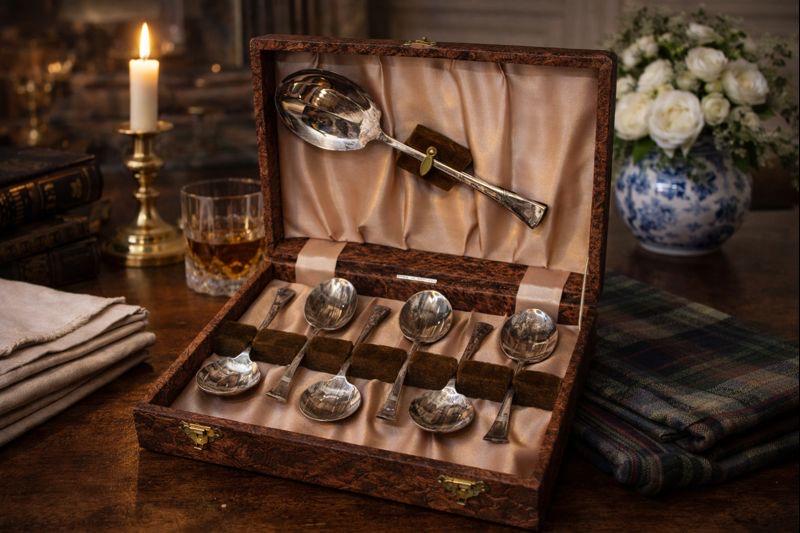Vintage Silver-Plated Dessert & Serving Spoon Set | Boxed English Silverware | Ralph Lauren Inspired Entertaining