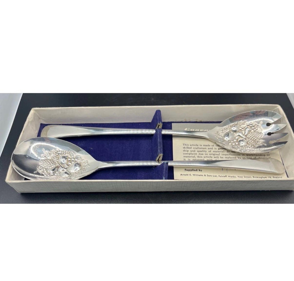 Vintage EPNS Silver Salad Servers | Fruit Motif, Original Box