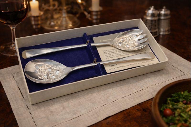 Vintage EPNS Silver Salad Servers | Fruit Motif, Original Box