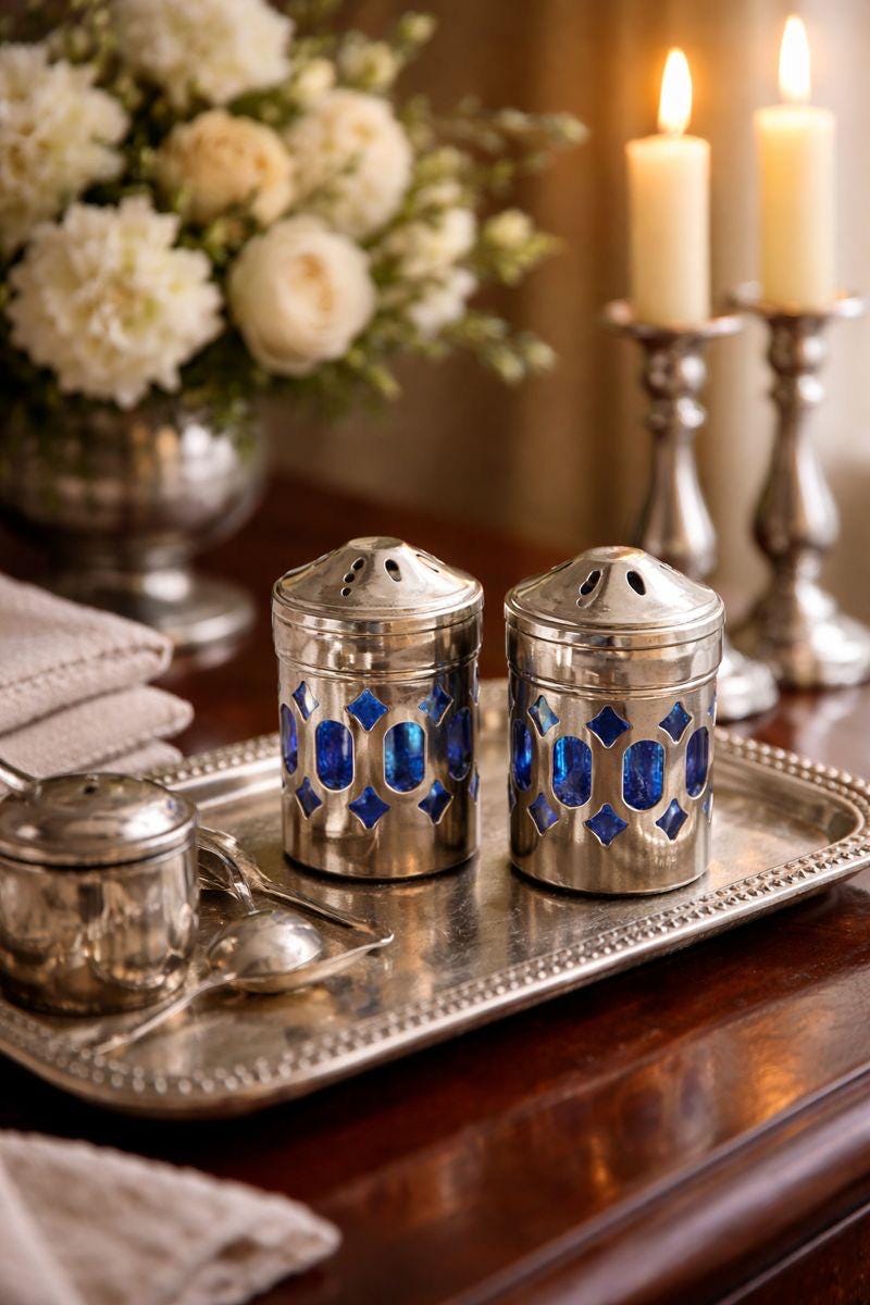 Vintage Silver Plate & Royal Blue Glass Salt Pepper Shakers