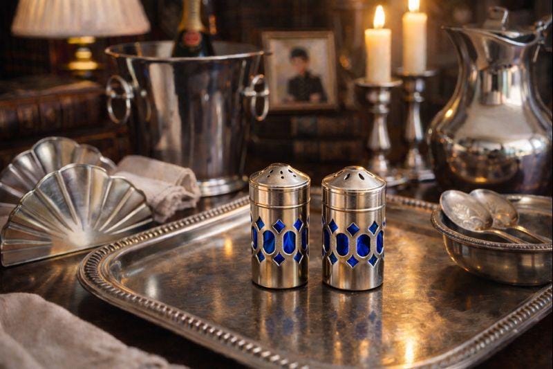 Vintage Silver Plate & Royal Blue Glass Salt Pepper Shakers
