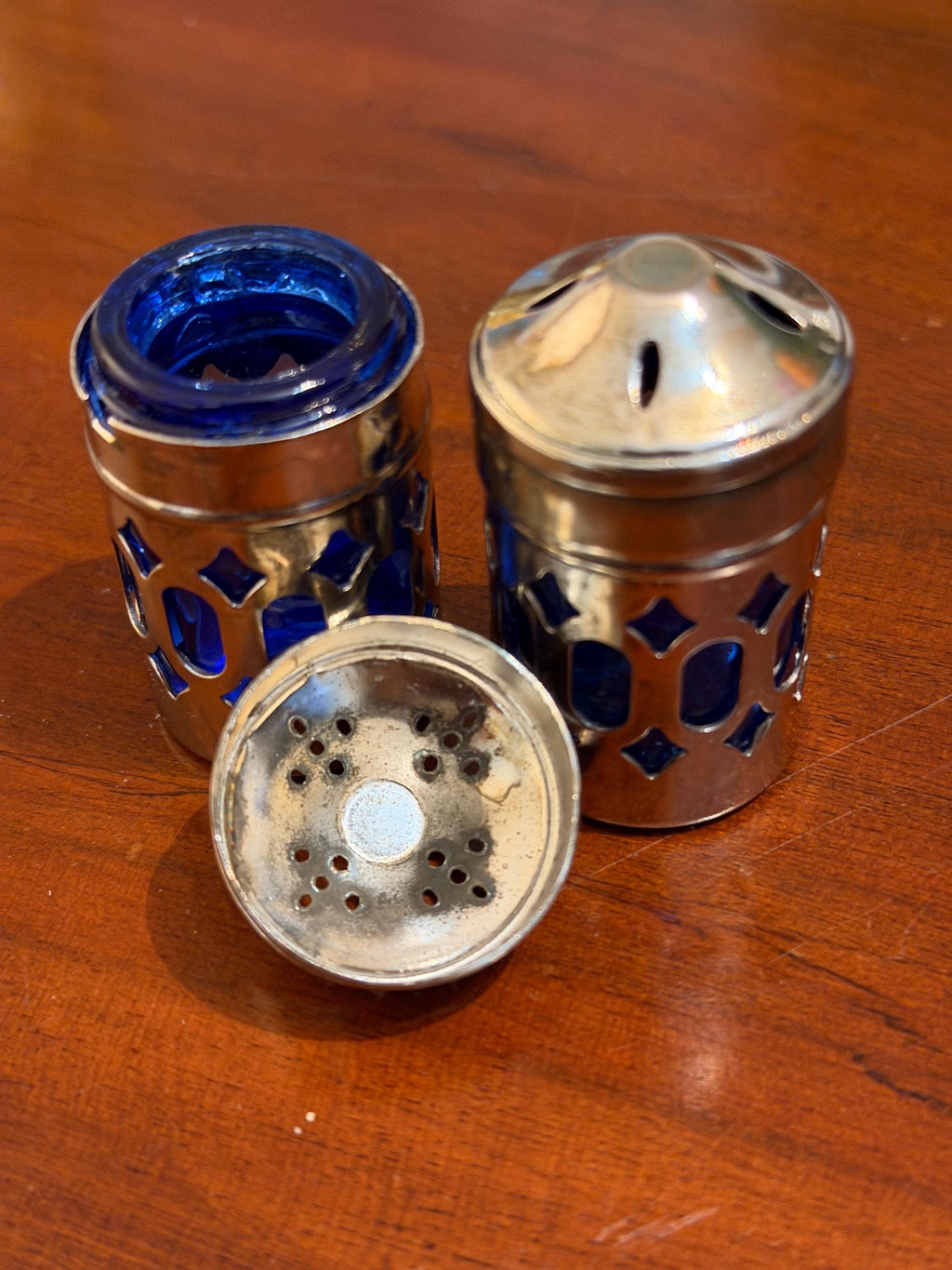 Vintage Silver Plate & Royal Blue Glass Salt Pepper Shakers