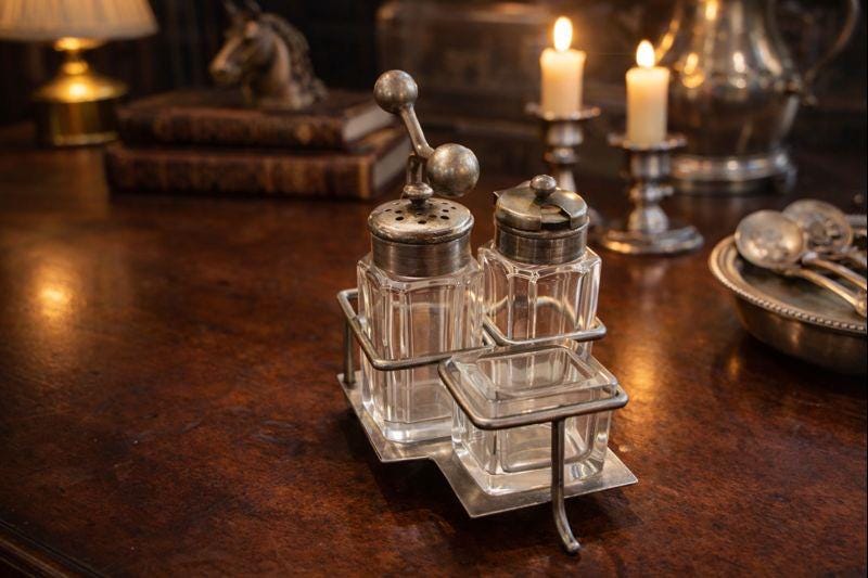 Antique Silver-Plated Cruet Set | Glass Salt & Pepper Shakers