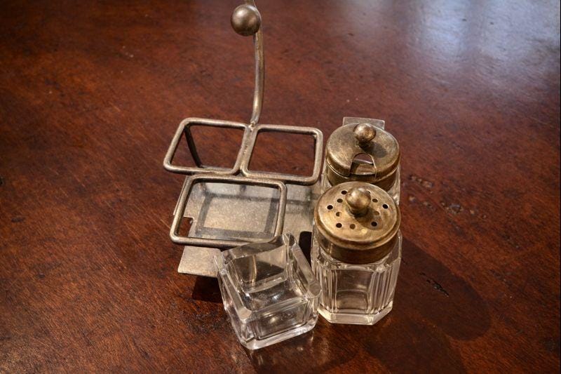 Antique Silver-Plated Cruet Set | Glass Salt & Pepper Shakers