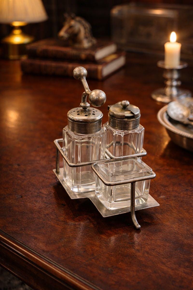 Antique Silver-Plated Cruet Set | Glass Salt & Pepper Shakers