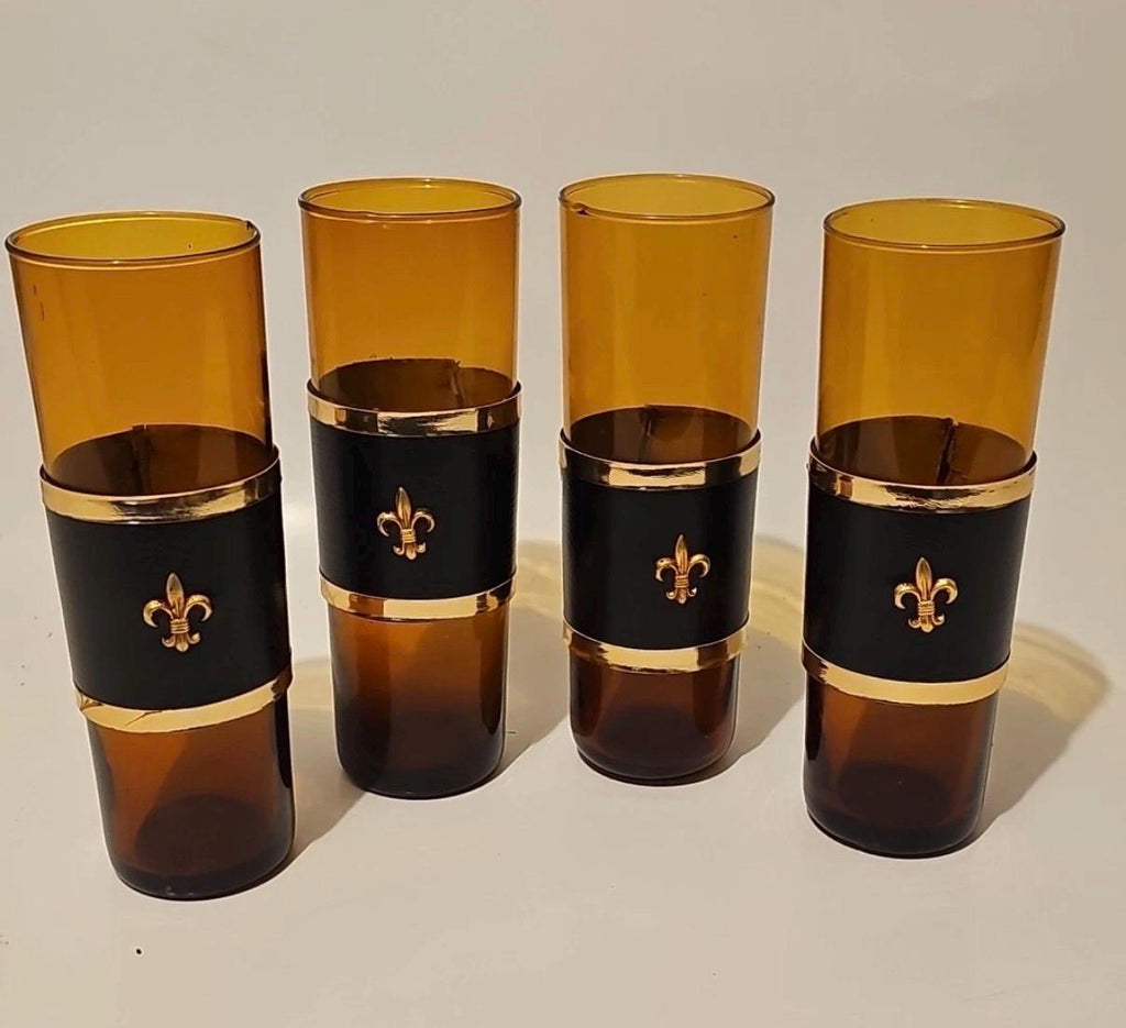 Vintage Amber Highball Glasses - Set of 4, Gold Fleur De Lis Barware