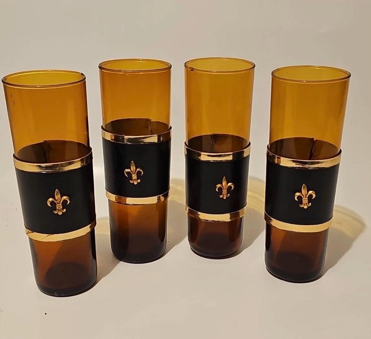 Vintage Amber Highball Glasses - Set of 4, Gold Fleur De Lis Barware