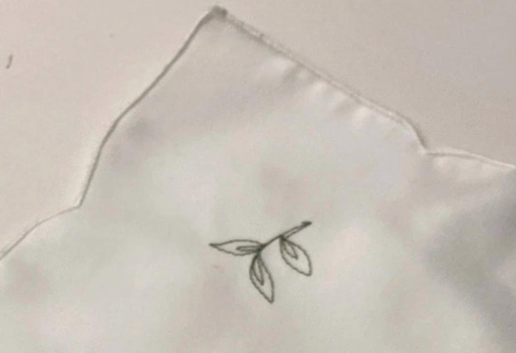 Vintage French Napkins (Set of 4)  White Linen with Green Leaf Embroidery