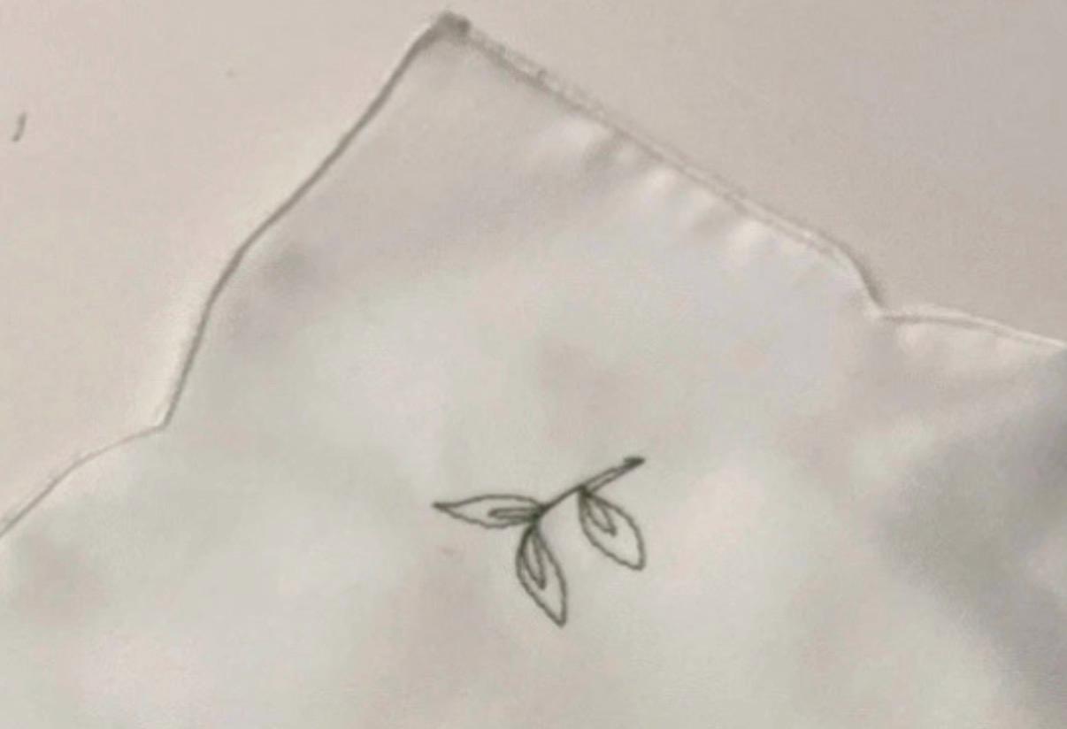 Vintage French Napkins (Set of 4)  White Linen with Green Leaf Embroidery