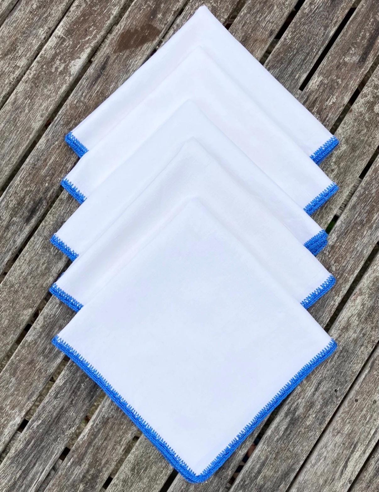 Vintage French Linen Napkins (Set of 5)  White with Blue Embroidery
