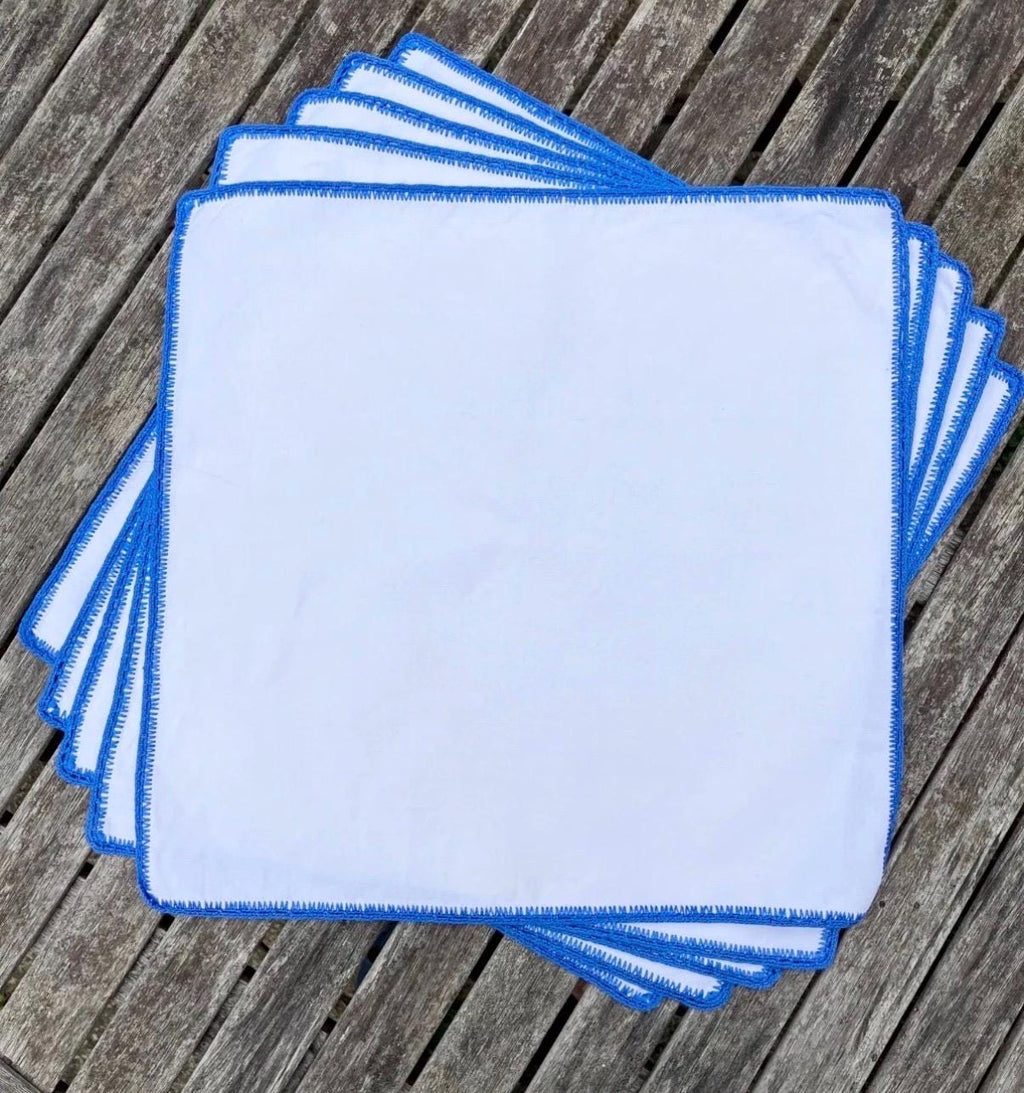 Vintage French Linen Napkins (Set of 5)  White with Blue Embroidery