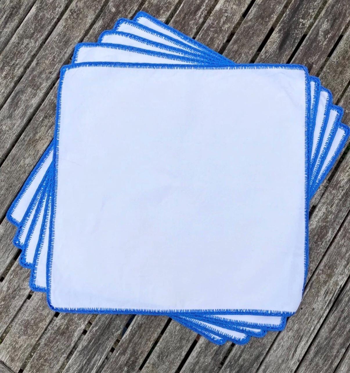 Vintage French Linen Napkins (Set of 5)  White with Blue Embroidery