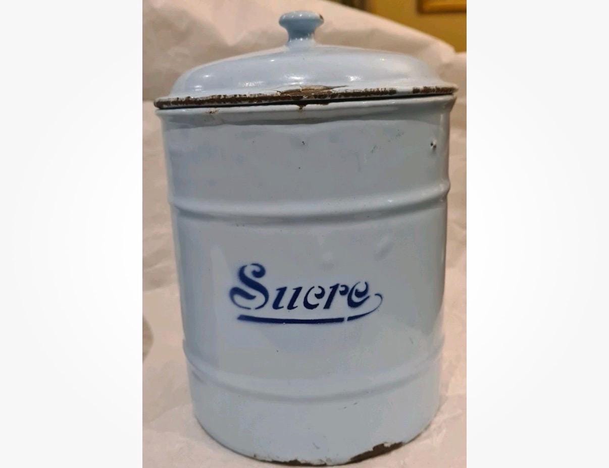 Vintage French Enamel Kitchen Tins Set of 3 Blue & White Pantry Canisters Farmhouse Storage Jars Country Kitchen Decor