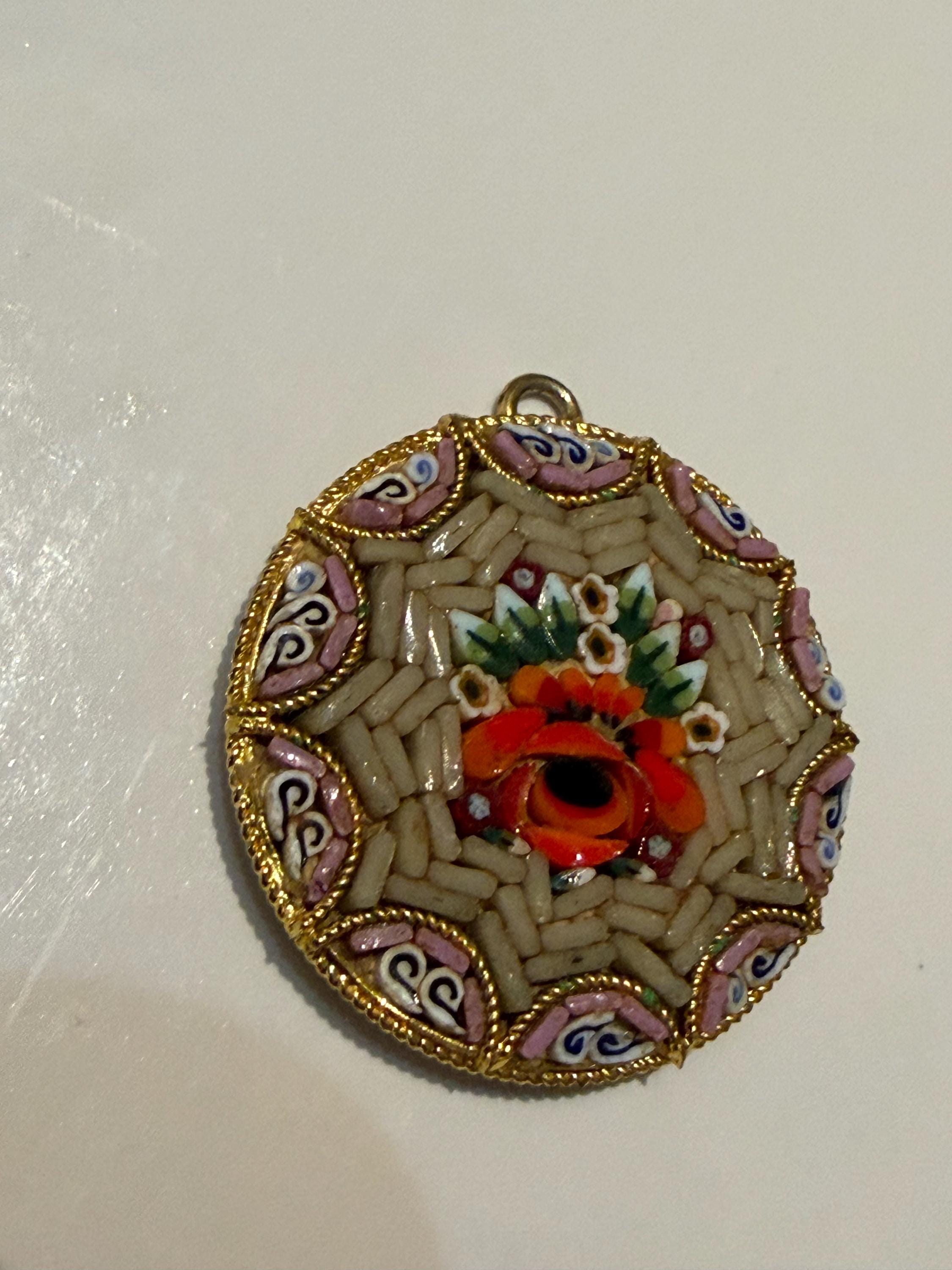 Vintage Micro Mosaic Pendant  Italian Floral Tesserae, Gilt Frame