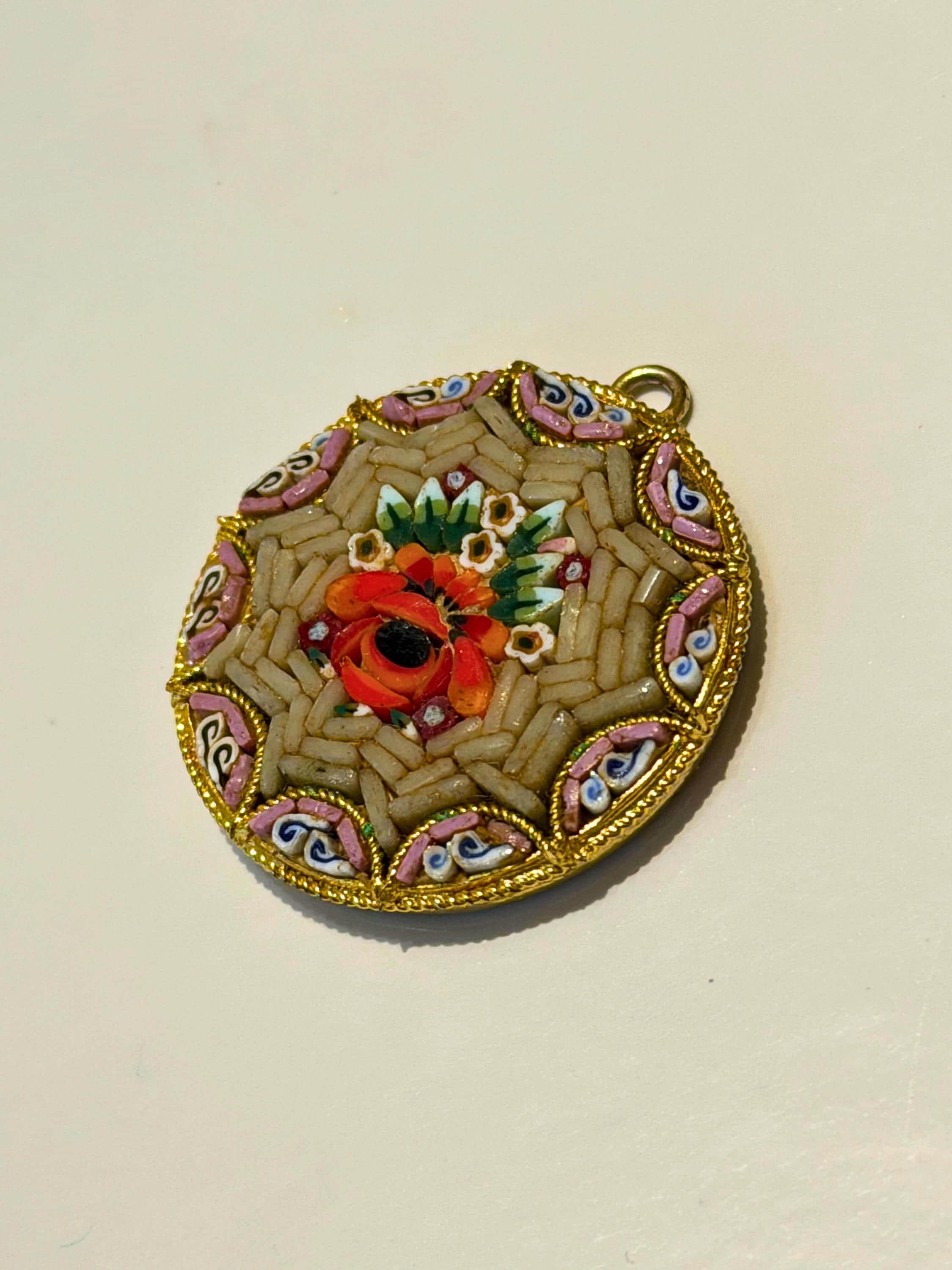 Vintage Micro Mosaic Pendant  Italian Floral Tesserae, Gilt Frame