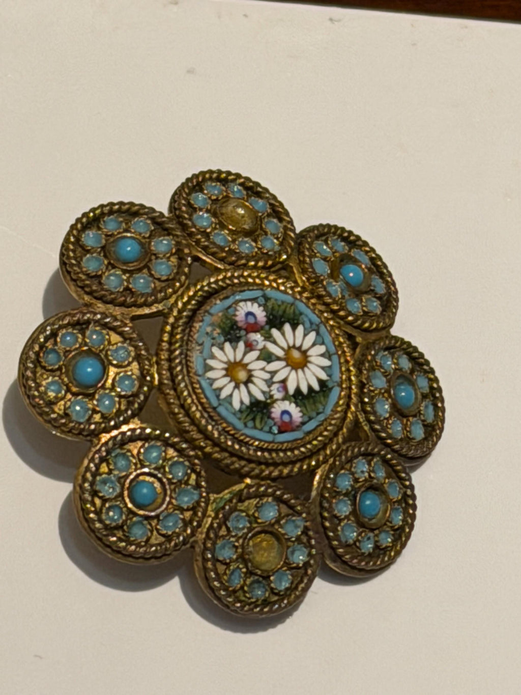 Vintage Italian Micro Mosaic Brooch  Daisy Floral, Turquoise Cabochon