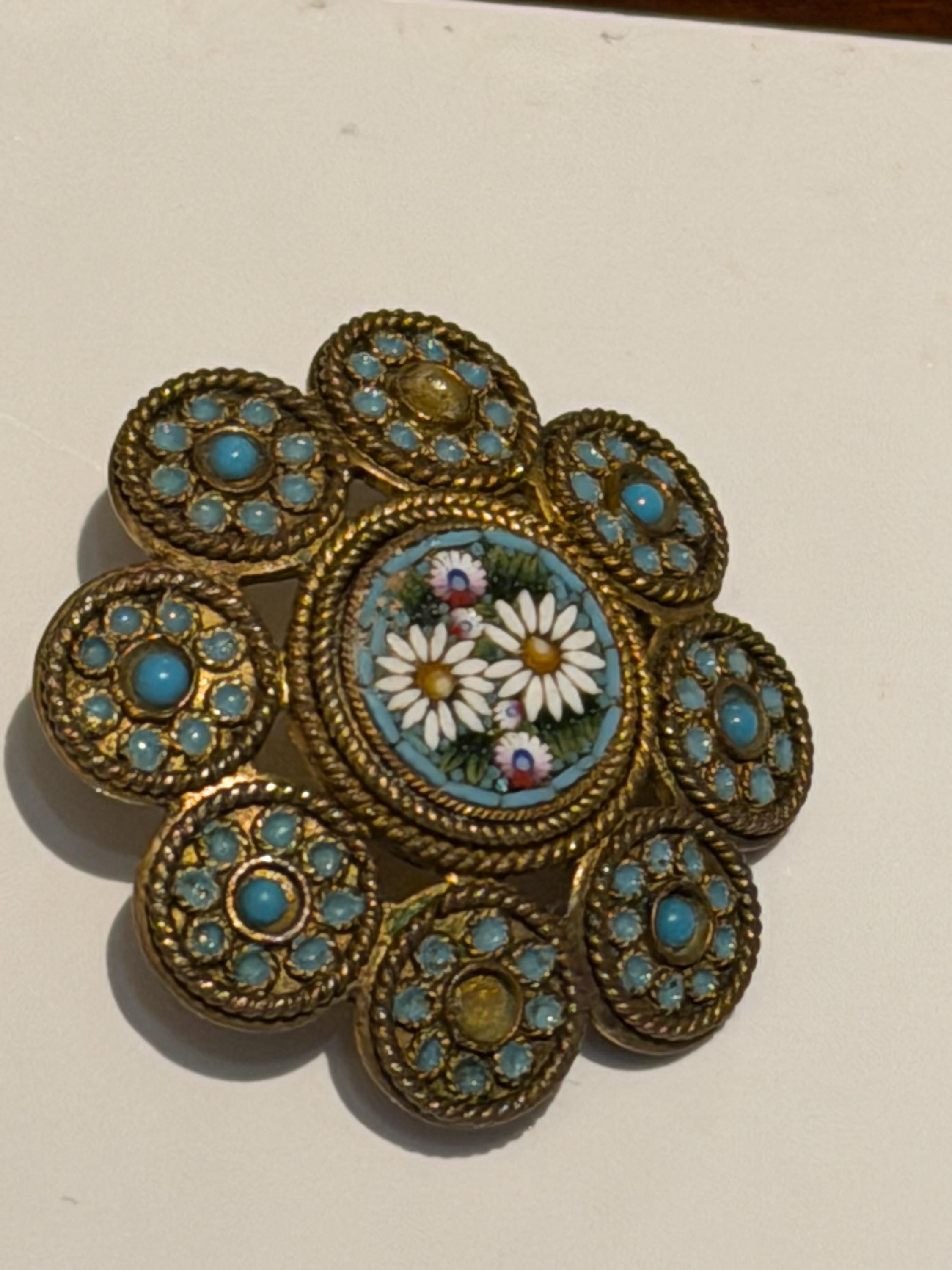 Vintage Italian Micro Mosaic Brooch  Daisy Floral, Turquoise Cabochon