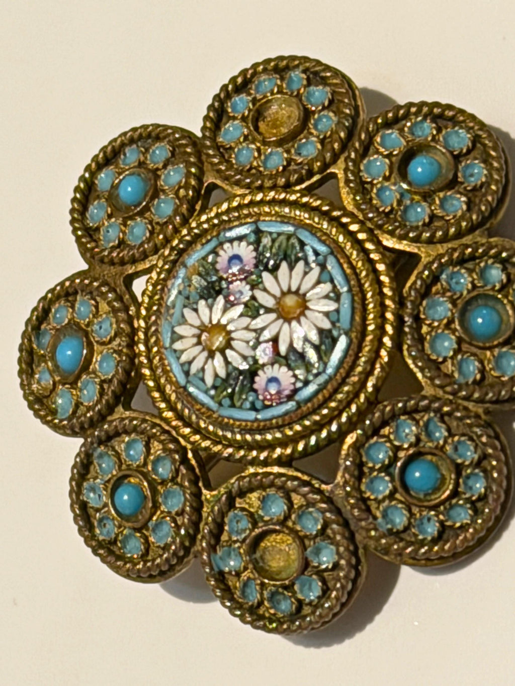 Vintage Italian Micro Mosaic Brooch  Daisy Floral, Turquoise Cabochon