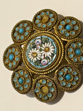 Vintage Italian Micro Mosaic Brooch  Daisy Floral, Turquoise Cabochon