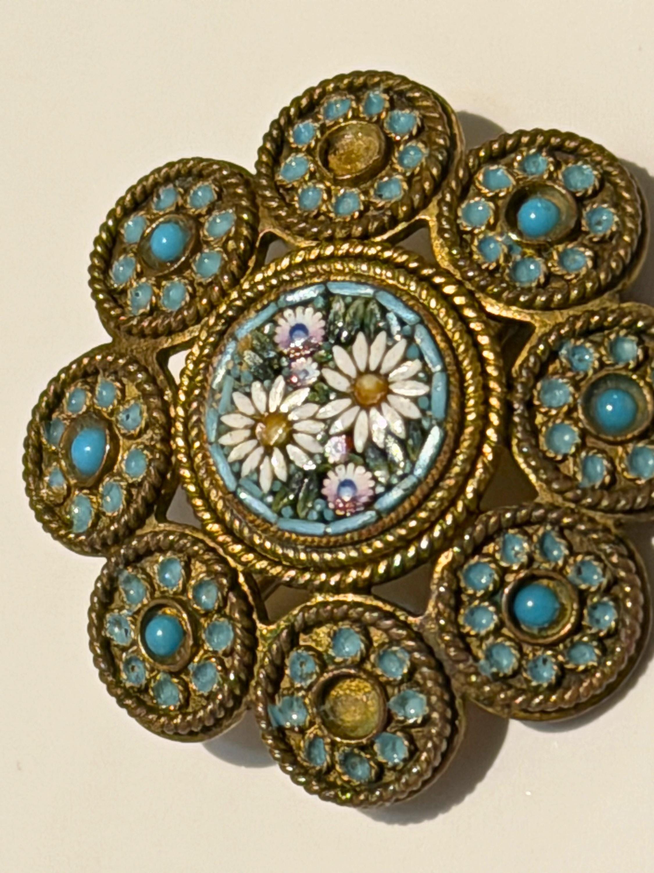 Vintage Italian Micro Mosaic Brooch  Daisy Floral, Turquoise Cabochon