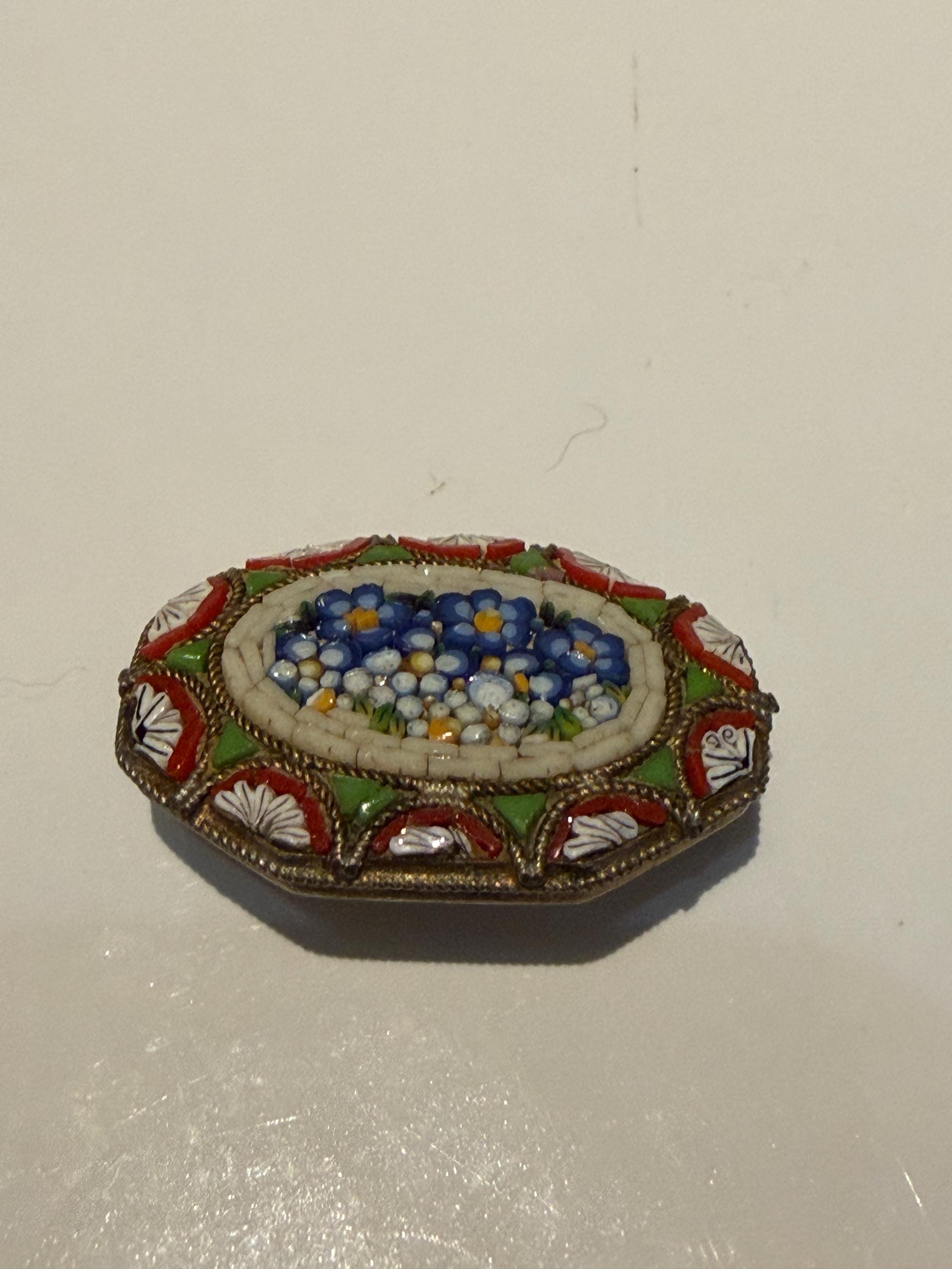 Vintage Italian Micro Mosaic Brooch, Forget-Me-Not Floral Pin