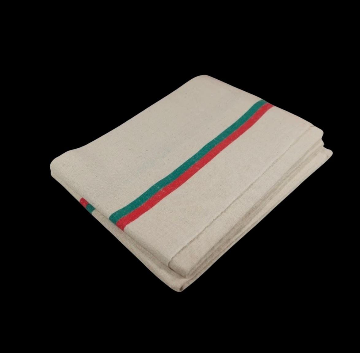 Vintage French Linen Tea Towel  Red & Green Stripe Torchon, Farmhouse Kitchen