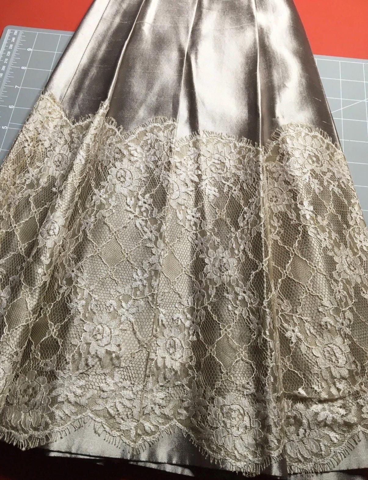 Vintage Champagne Gold Satin Skirt  Pleated Midi with Lace Hem, Small