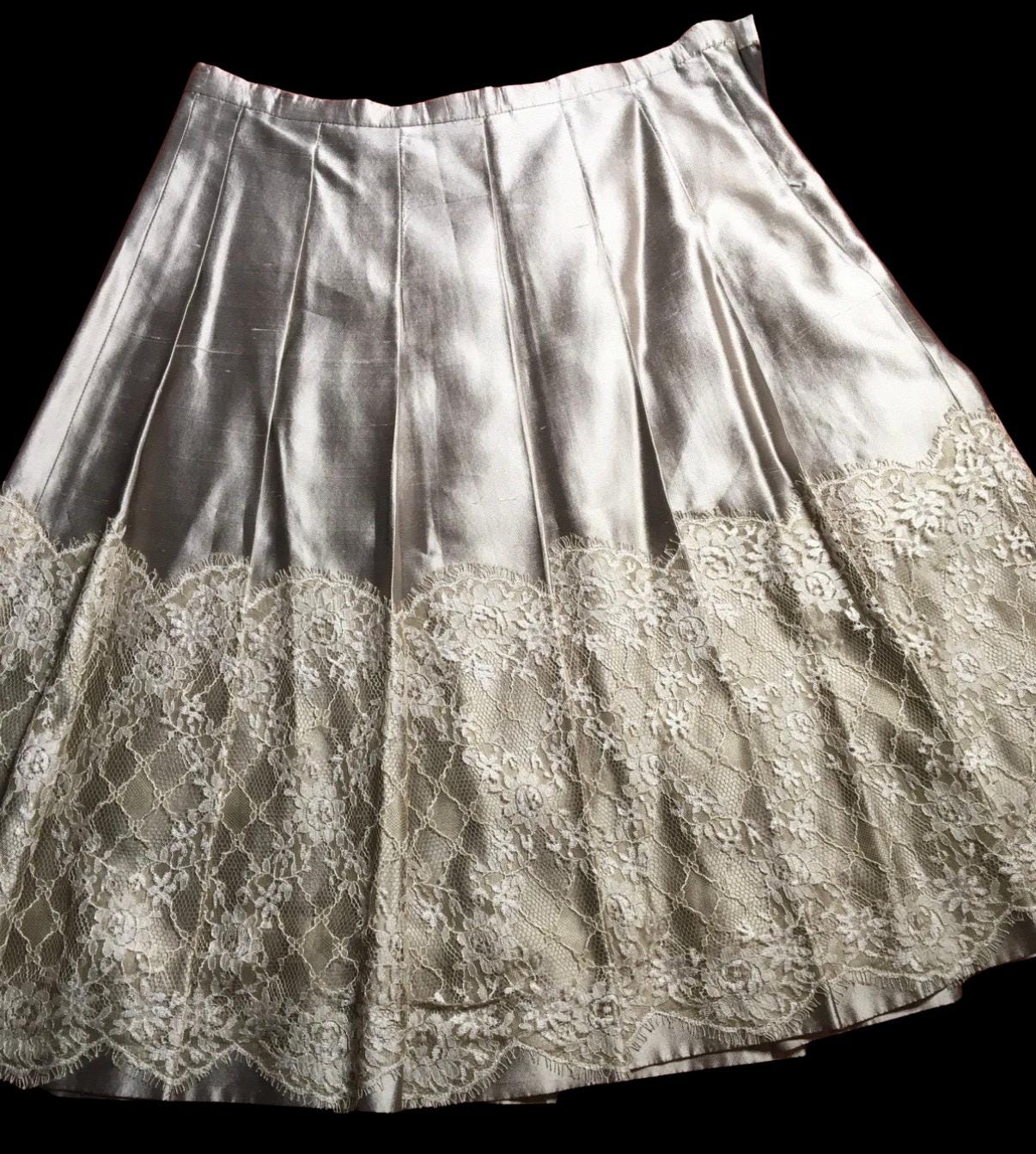 Vintage Champagne Gold Satin Skirt  Pleated Midi with Lace Hem, Small