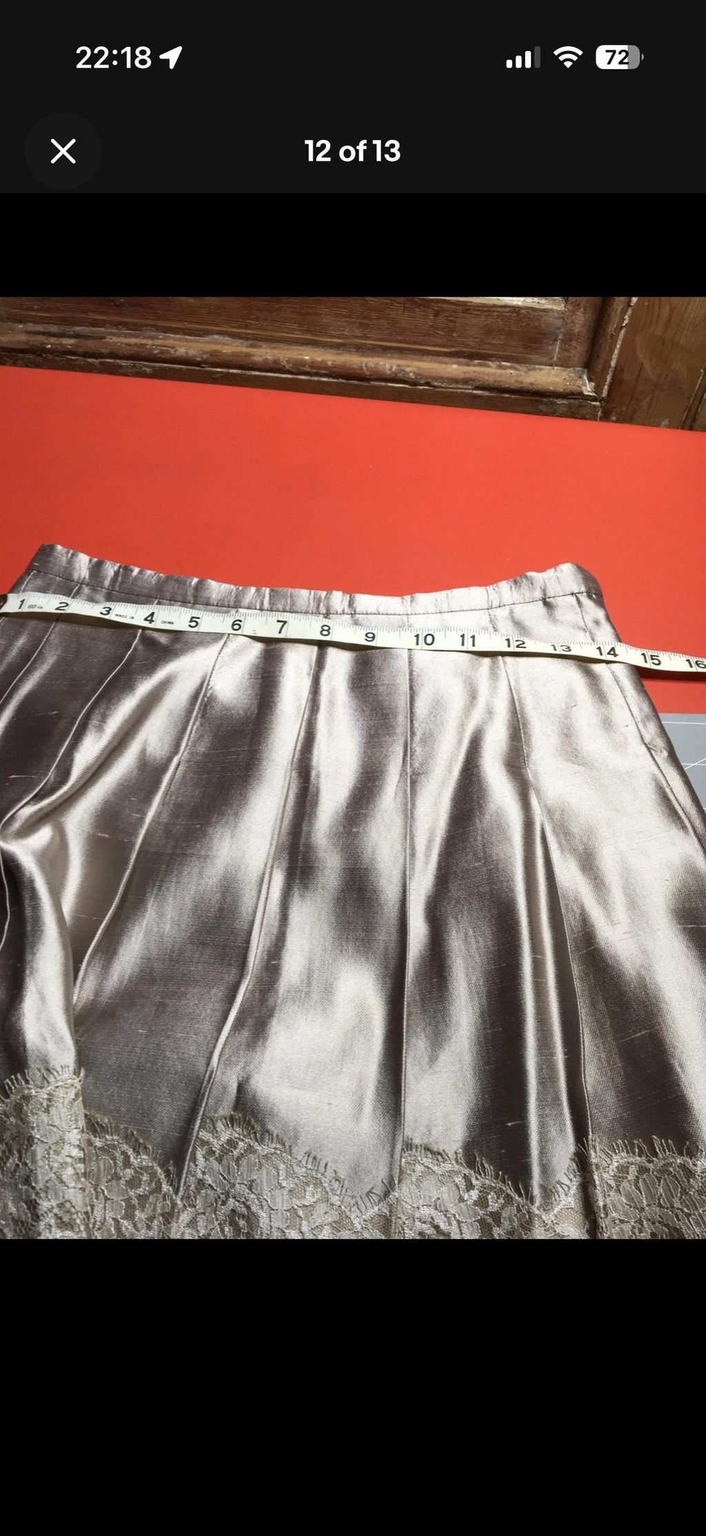 Vintage Champagne Gold Satin Skirt  Pleated Midi with Lace Hem, Small