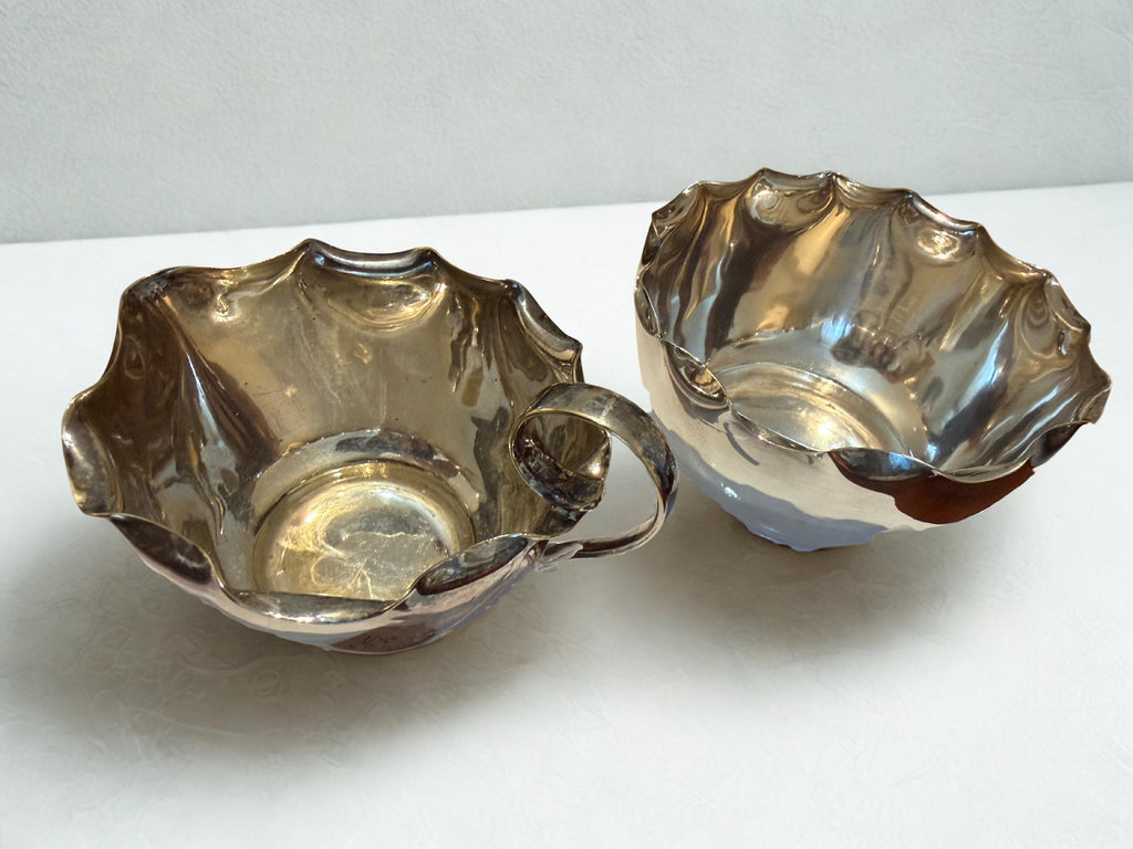 Vintage Silver Plated Sugar Bowl & Cream Jug Set  Scalloped English Tableware