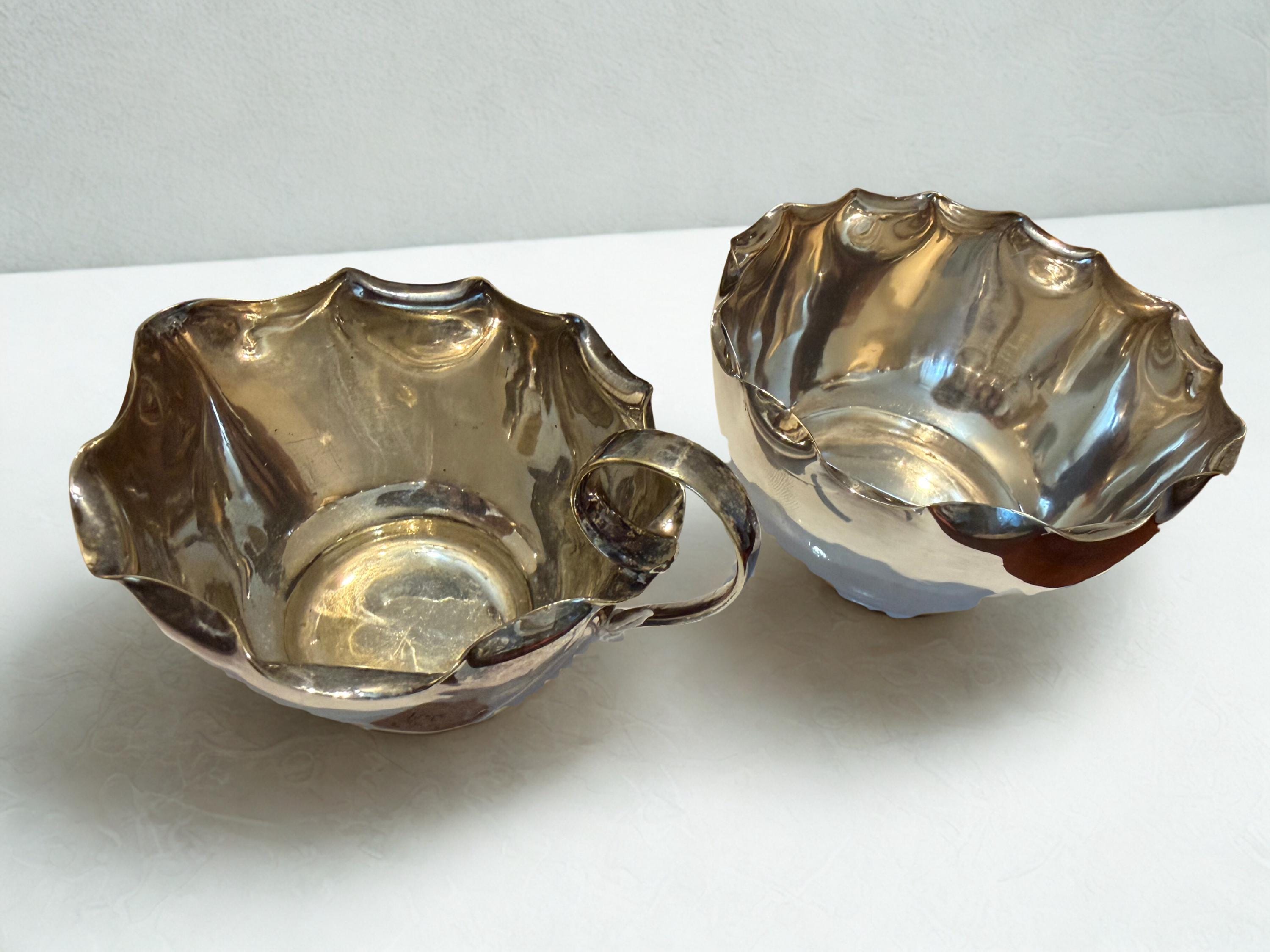 Vintage Silver Plated Sugar Bowl & Cream Jug Set  Scalloped English Tableware