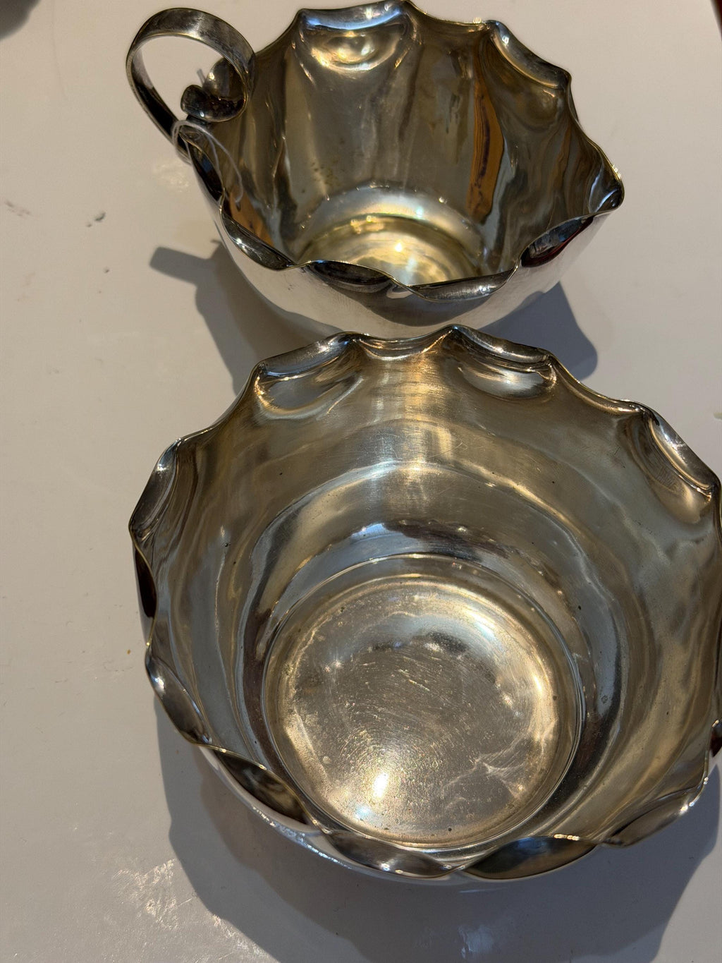 Vintage Silver Plated Sugar Bowl & Cream Jug Set  Scalloped English Tableware