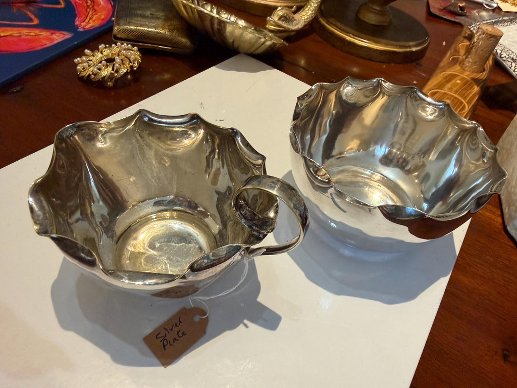 Vintage Silver Plated Sugar Bowl & Cream Jug Set  Scalloped English Tableware