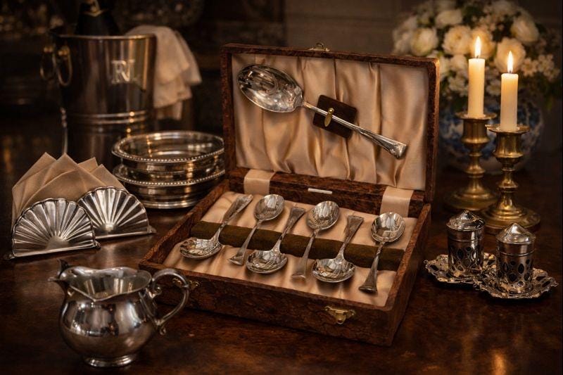 Vintage Silver-Plated Dessert & Serving Spoon Set | Boxed English Silverware | Ralph Lauren Inspired Entertaining