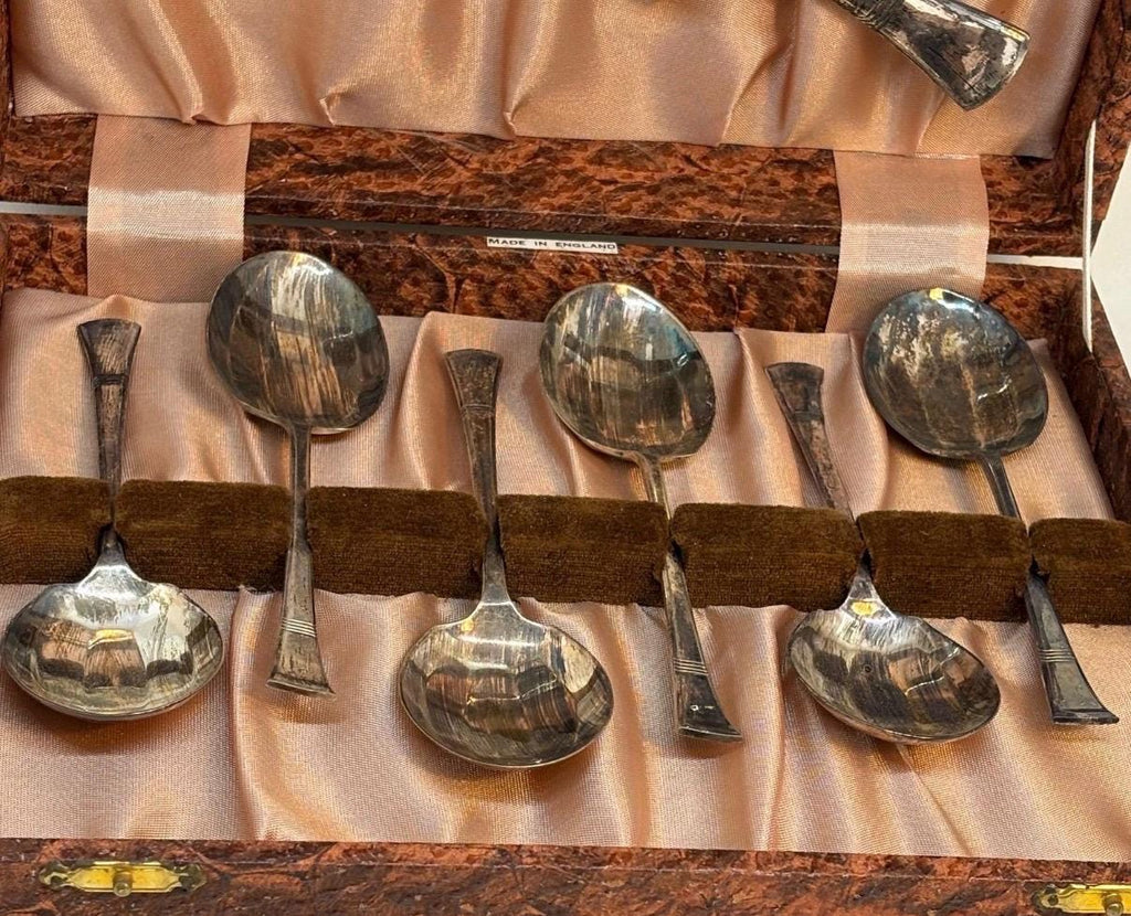 Vintage Silver-Plated Dessert & Serving Spoon Set | Boxed English Silverware | Ralph Lauren Inspired Entertaining