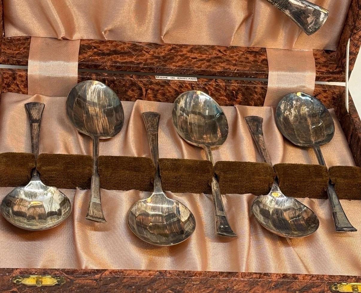 Vintage Silver-Plated Dessert & Serving Spoon Set | Boxed English Silverware | Ralph Lauren Inspired Entertaining