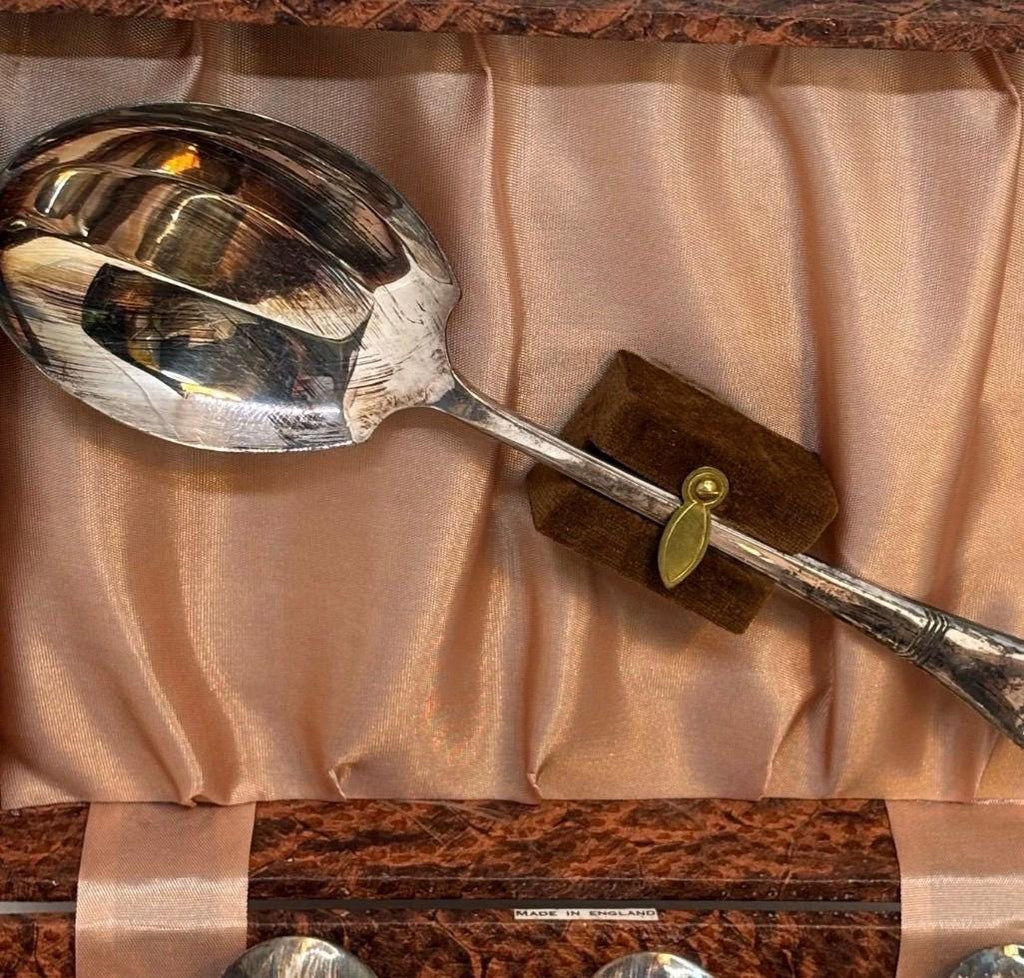 Vintage Silver-Plated Dessert & Serving Spoon Set | Boxed English Silverware | Ralph Lauren Inspired Entertaining