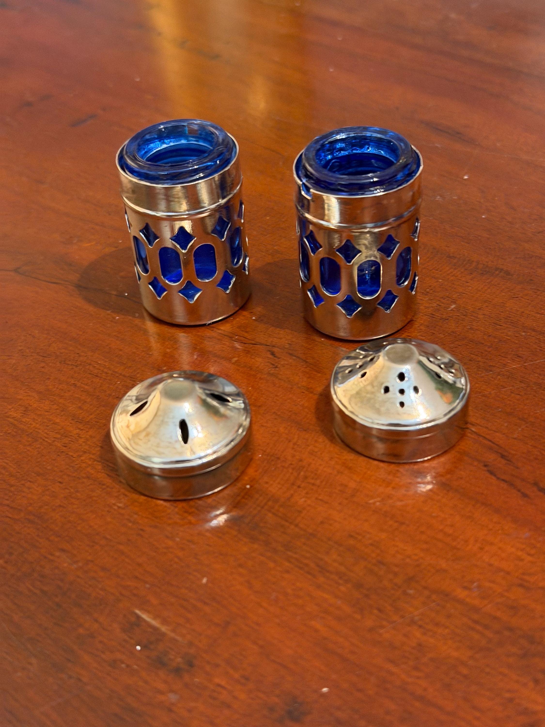 Vintage Silver Plate & Royal Blue Glass Salt Pepper Shakers