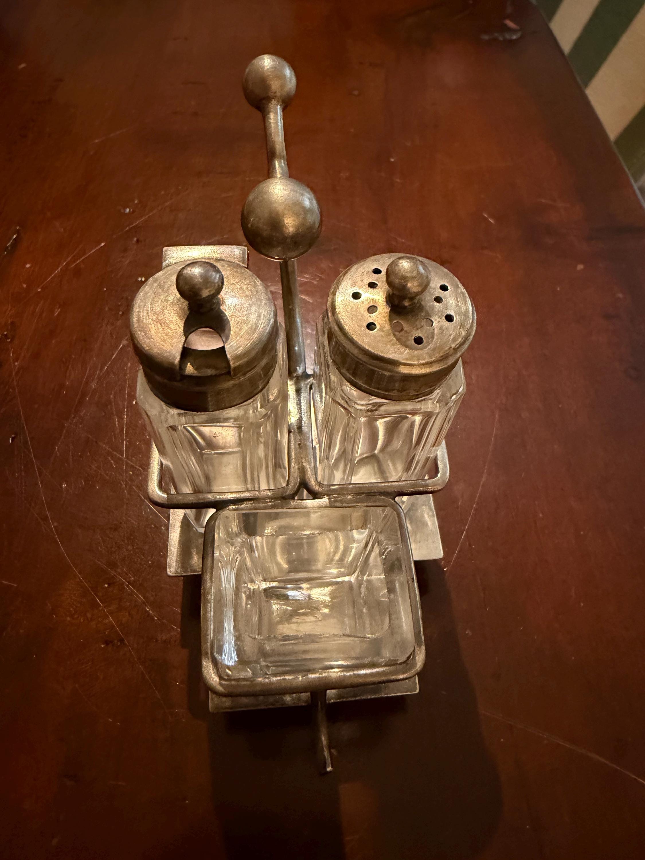 Antique Silver-Plated Cruet Set | Glass Salt & Pepper Shakers