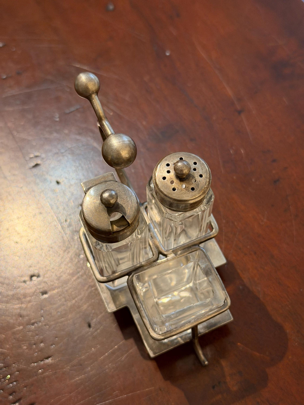 Antique Silver-Plated Cruet Set | Glass Salt & Pepper Shakers