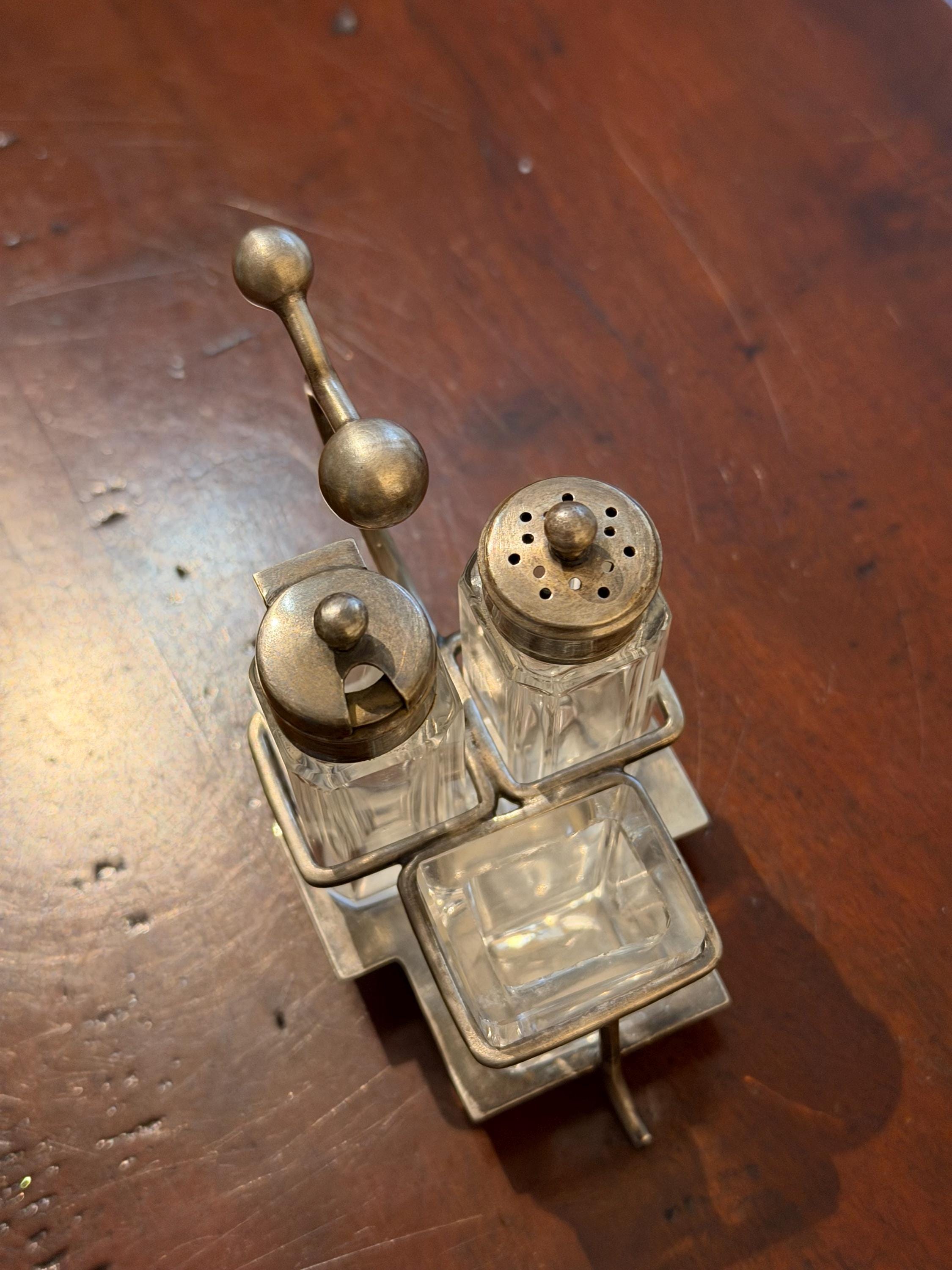 Antique Silver-Plated Cruet Set | Glass Salt & Pepper Shakers