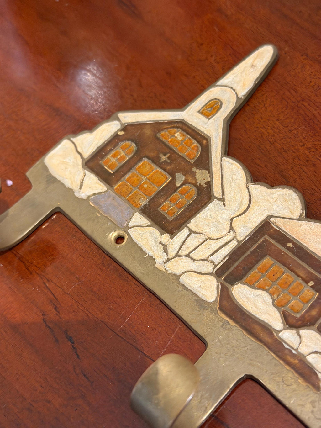 Vintage coat key hook brass enamel