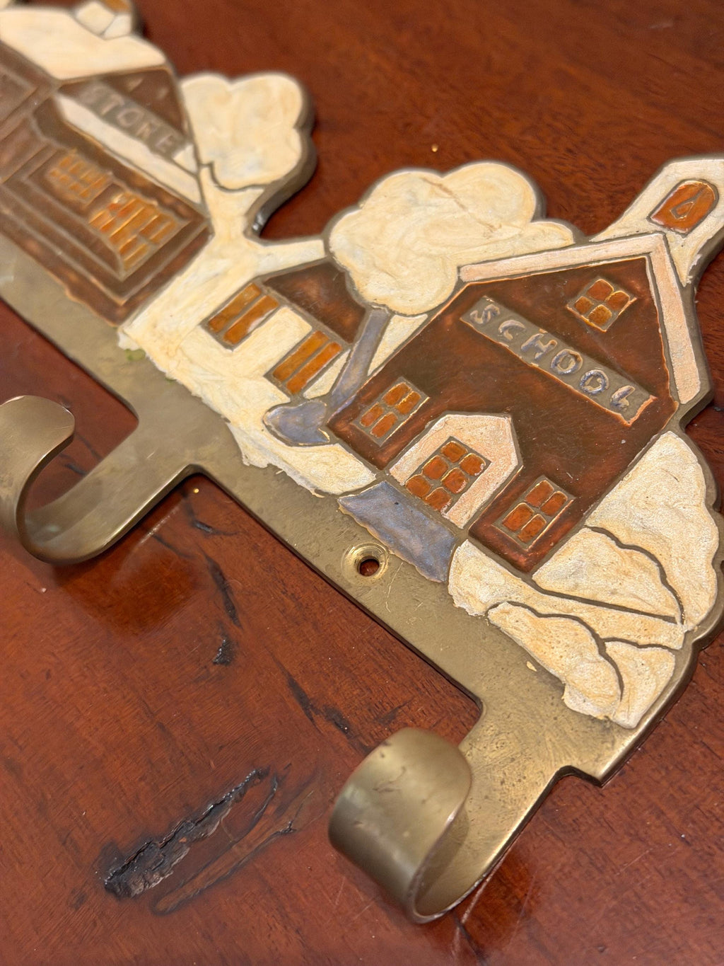 Vintage coat key hook brass enamel