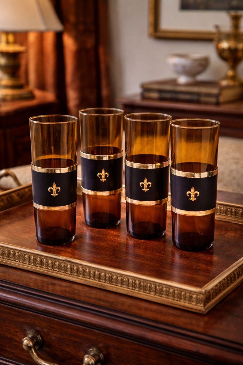 Vintage Amber Highball Glasses - Set of 4, Gold Fleur De Lis Barware