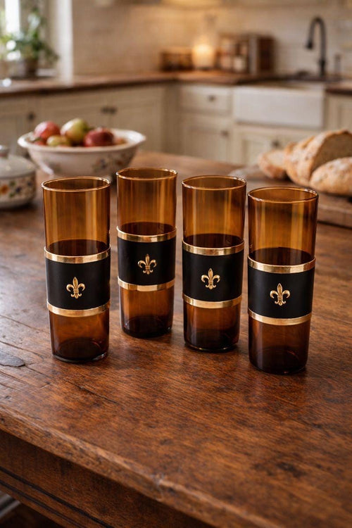 Vintage Amber Highball Glasses - Set of 4, Gold Fleur De Lis Barware