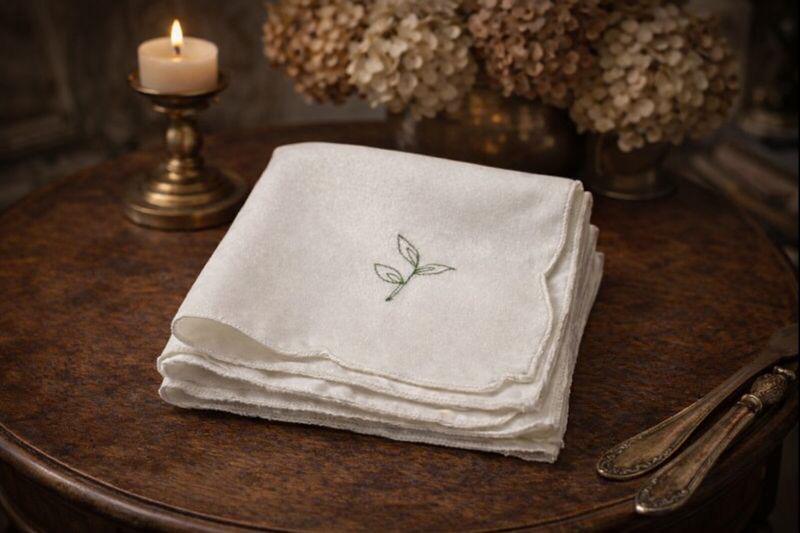 Vintage French Napkins (Set of 4)  White Linen with Green Leaf Embroidery