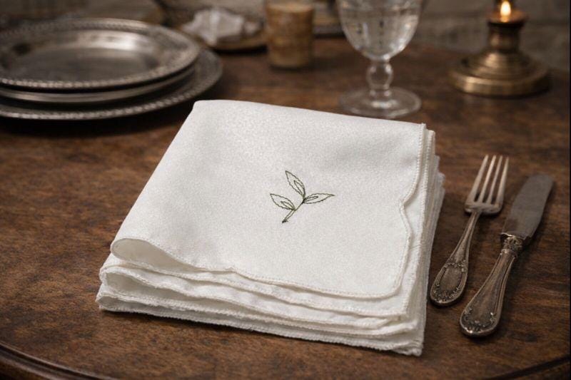 Vintage French Napkins (Set of 4)  White Linen with Green Leaf Embroidery