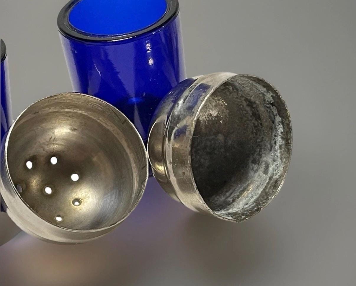 Vintage Silver Plated Salt & Pepper Shakers  Apex England Cobalt Blue Geometric Design