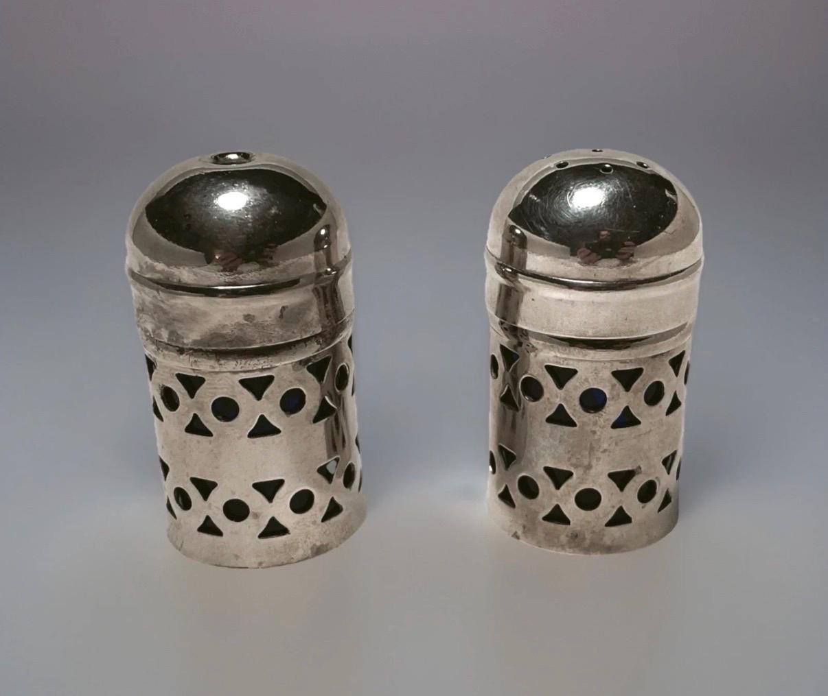 Vintage Silver Plated Salt & Pepper Shakers  Apex England Cobalt Blue Geometric Design