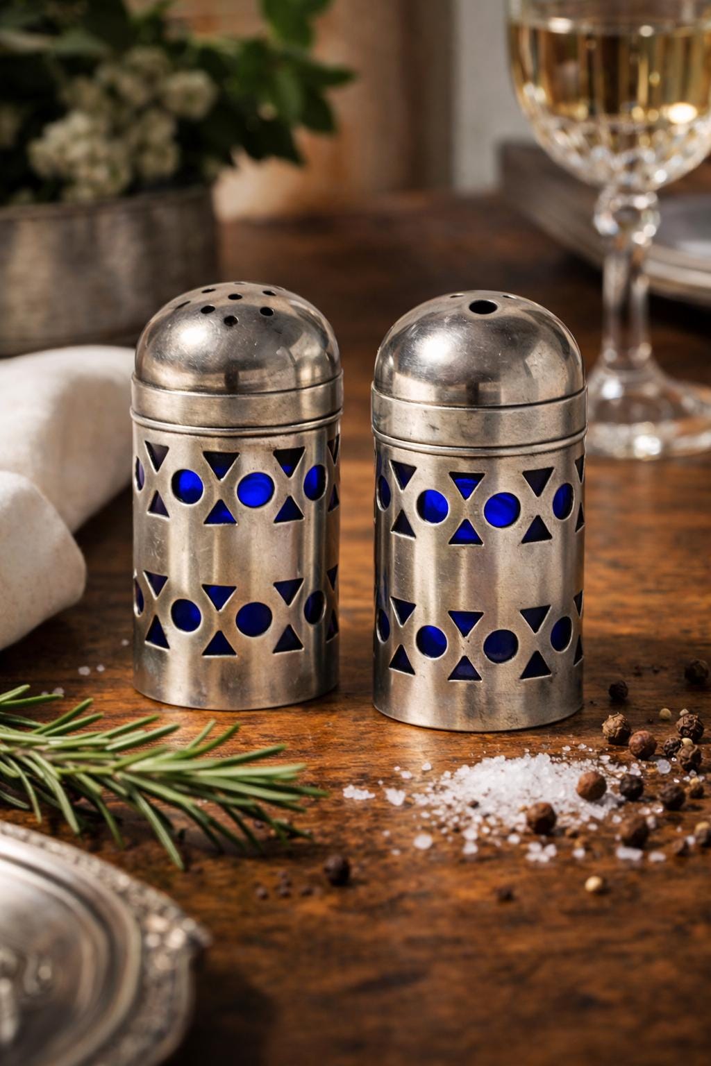 Vintage Silver Plated Salt & Pepper Shakers  Apex England Cobalt Blue Geometric Design